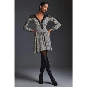 NWT By Anthropologie Lacy V-Neck Mini Dress US 6 White Black #G4402